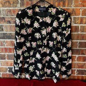 Vintage Herman Geist Blazer Suit Jacket Black Pink Hydrangeas Floral Size:12